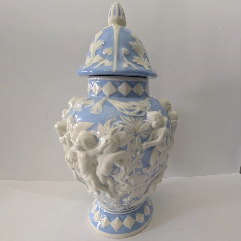Blue and White Ceramic Cherub Ginger Jar Ornate Relief Urn w Lid 15i